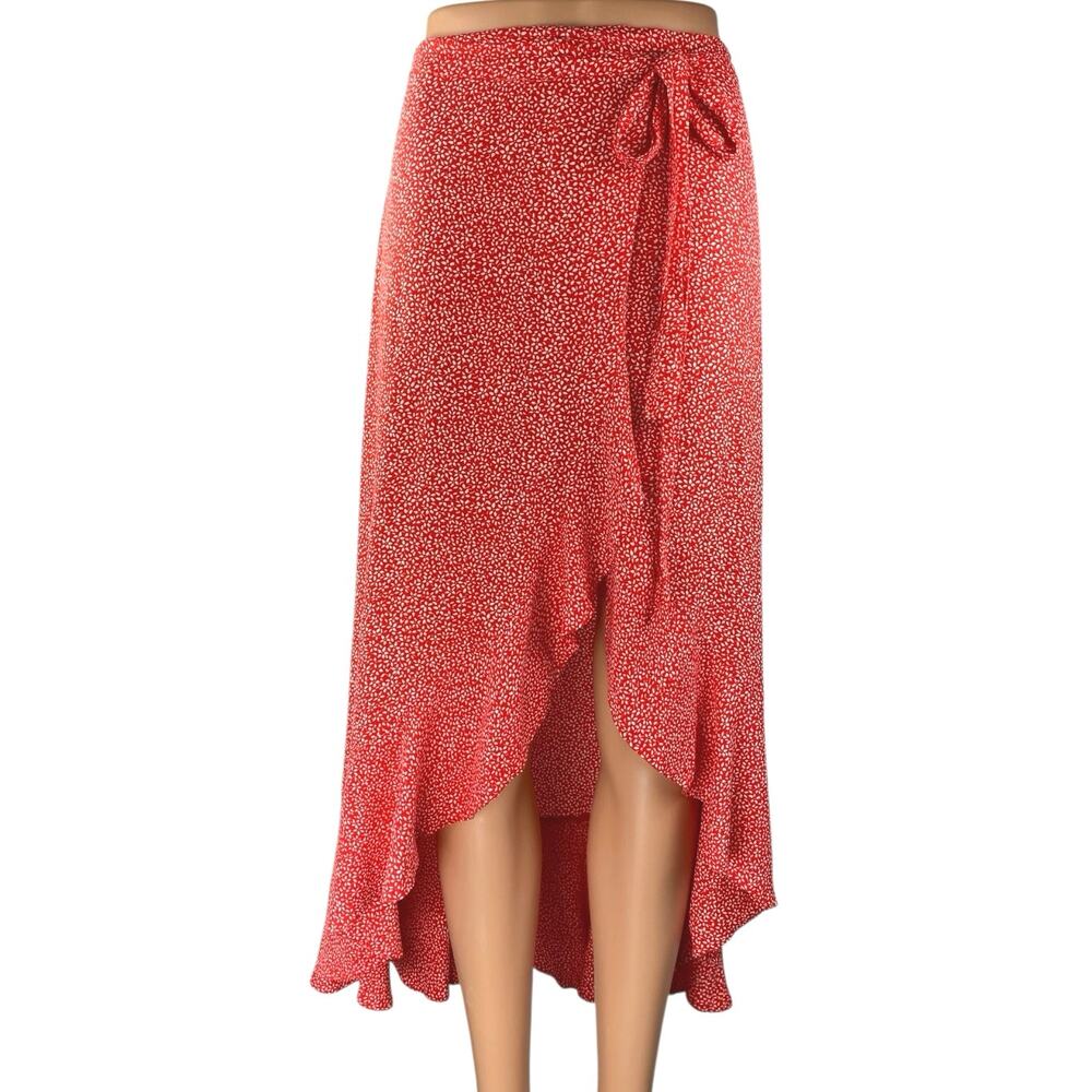& Other Stories Red High Waist Asymmetrical Ruffle Hi-Low Maxi Wrap Skirt Size 0